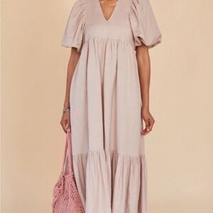 Linen Tiered Puff Sleeve Maxi Dress